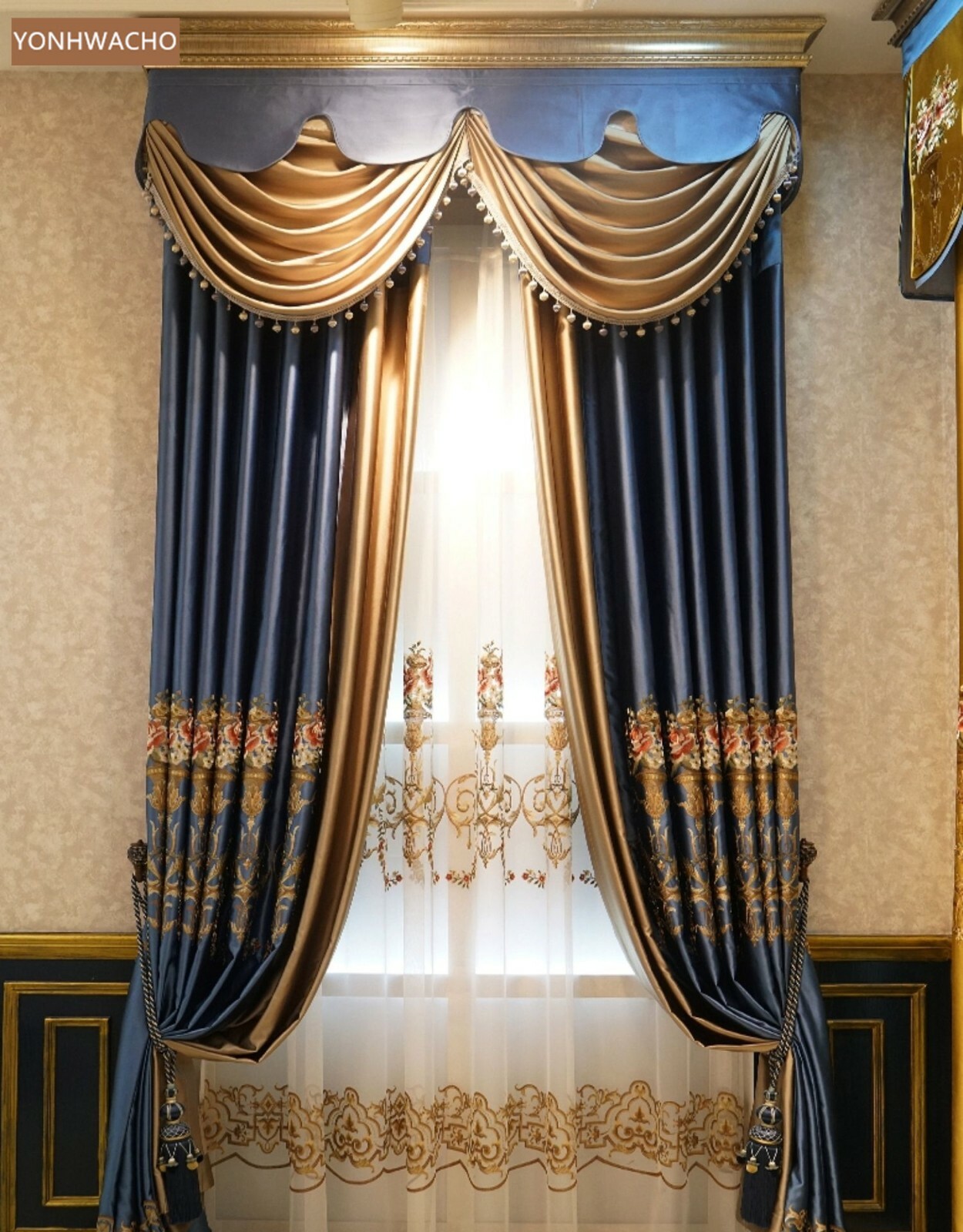 high-precision embroidered blue cloth curtain valance tulle drapery C762