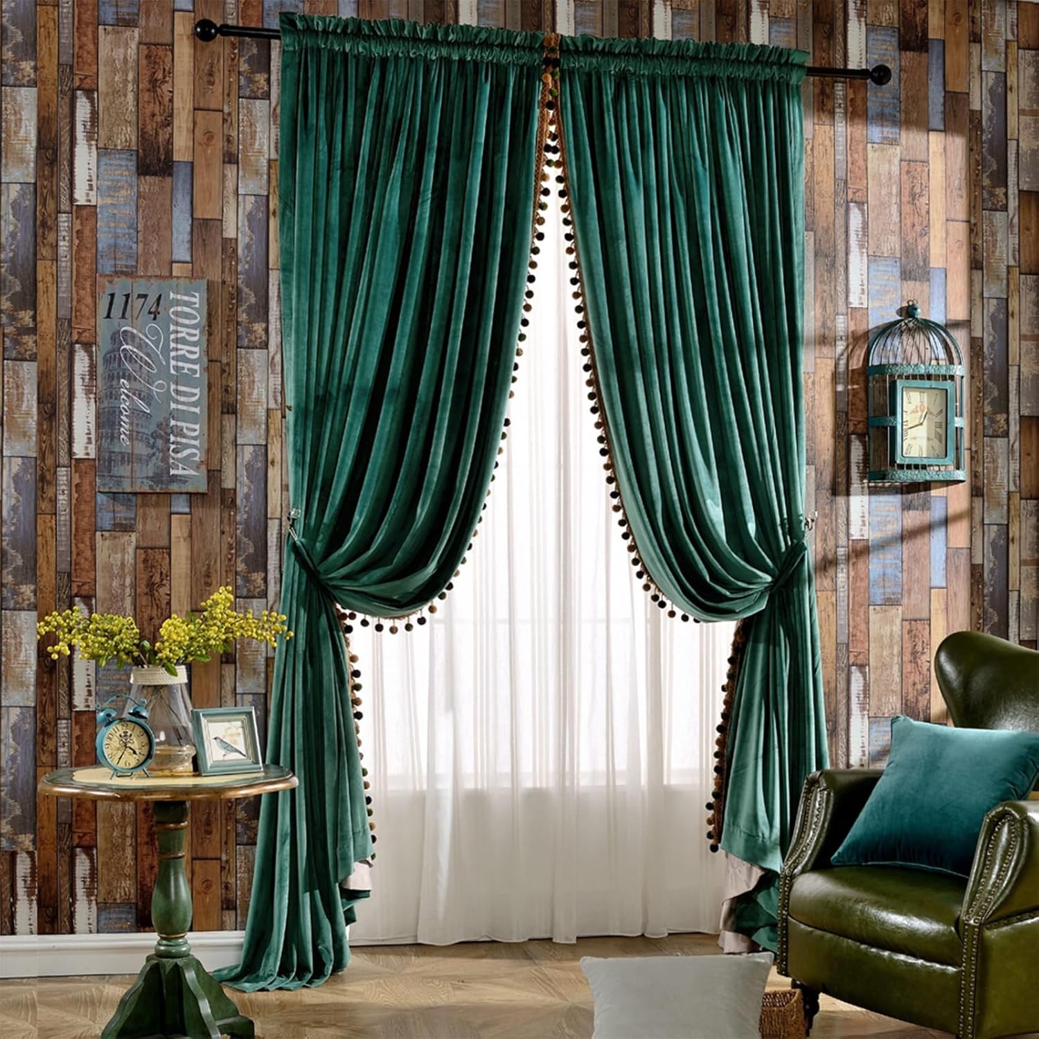 Pom Poms Velvet Blackout Curtains for Bedroom Living Room, Vintage Luxury