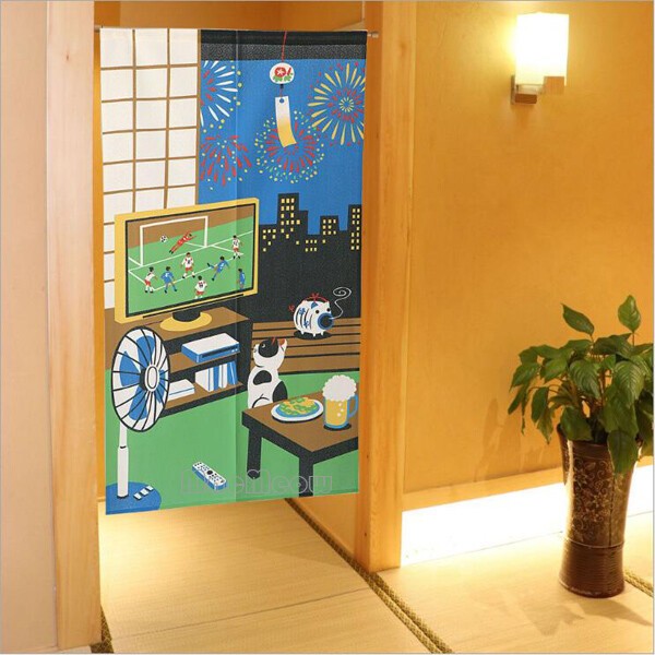 Noren Door Panel Split Room Divider Soccer Game Fireworks Kawaii Cat Art Decor