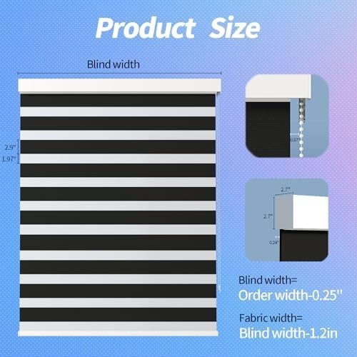 Zebra Blinds for Windows 20″ W x 72″ H Black Corded Dual Layer Light Filtering
