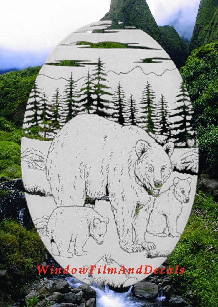 Bears Static Cling Window Decal 10×16 OVAL Etched Glass Look Country Door Decor