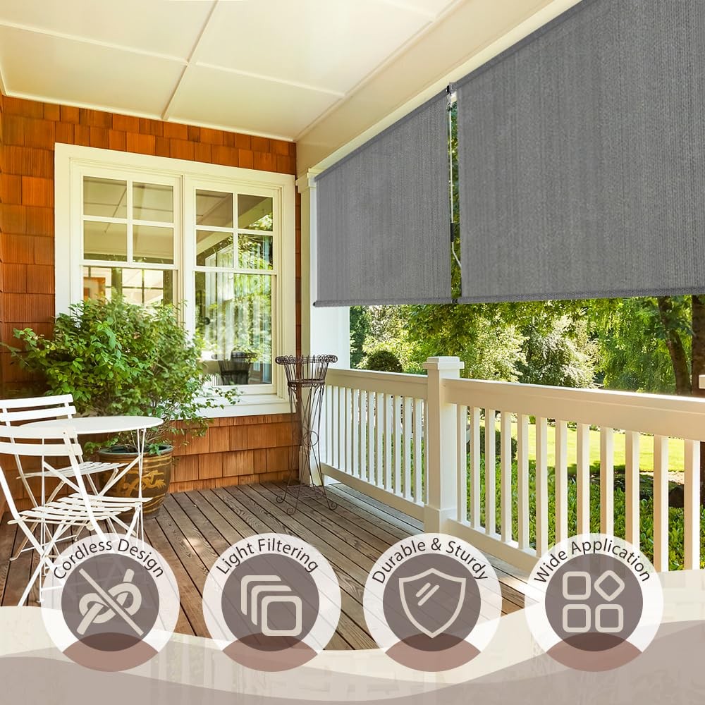 Outdoor Sunshade Roller Shades 60″ W x 72″ H, Cordless Roll Up Shade Blinds P…