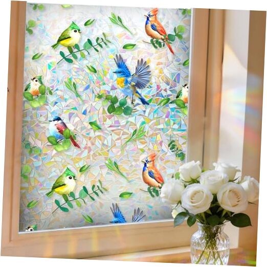 Stained Glass Privacy Window Film 3D Rainbow Bird 17.5″W x 78.7″H Bird Rainbow