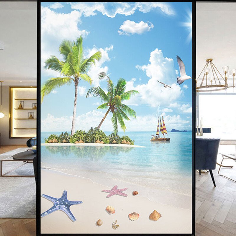 Privacy Windows Film Decoration Beautiful Beach Stained Glass Stickers Decors