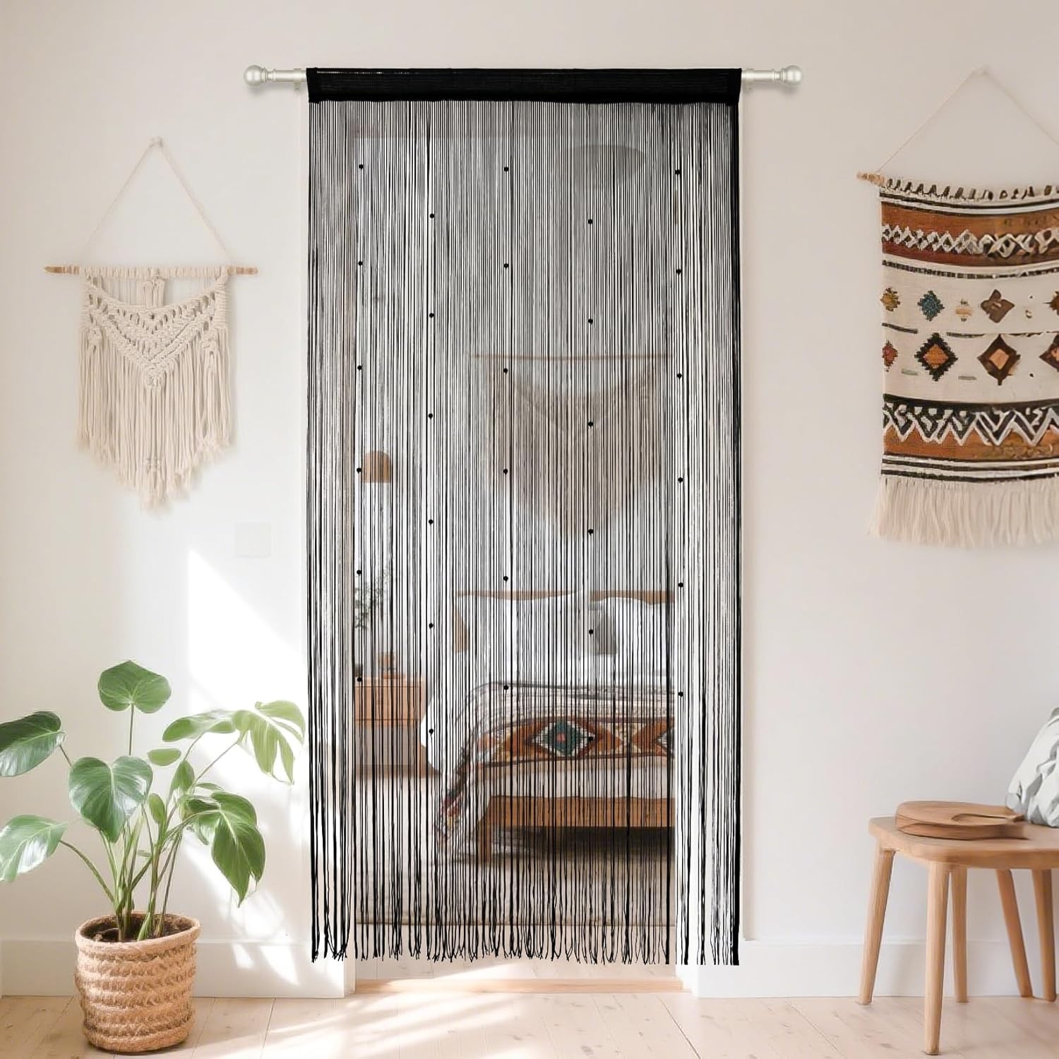 Black Beaded Curtains for Doorways – Door Beads Curtain Semi-Sheer Handmade