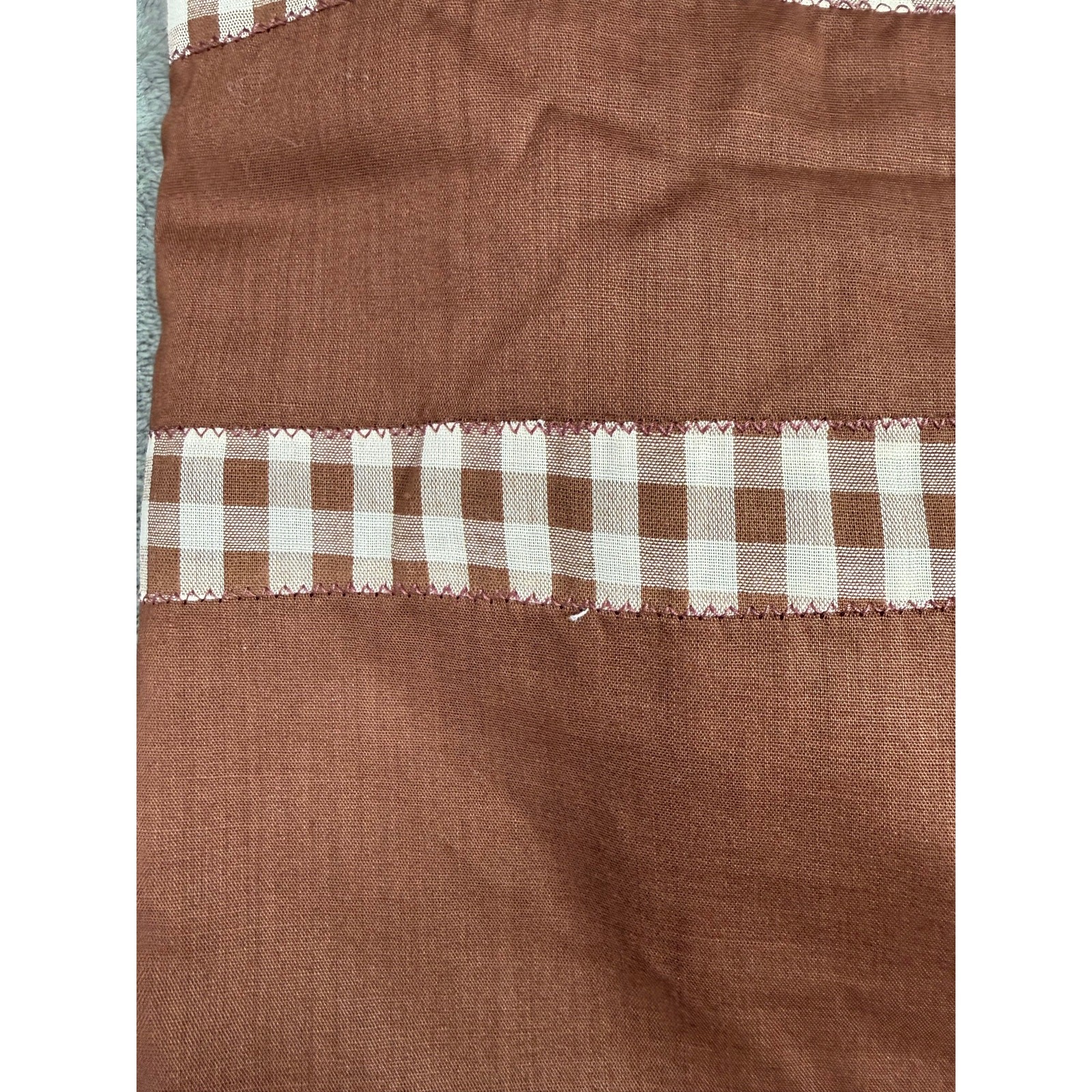Vintage 1980s Handmade Brown Gingham Check Curtain Panels Set of 3 Cottagecore