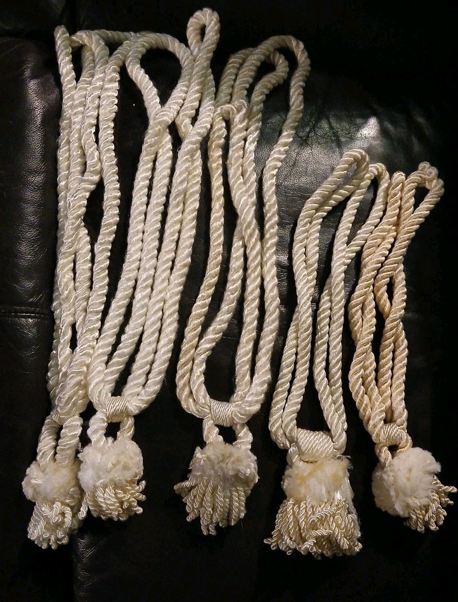 Lot Of 5 Various Curtain Tie Backs White Ivory Color TWISTED ROPE TASSELS