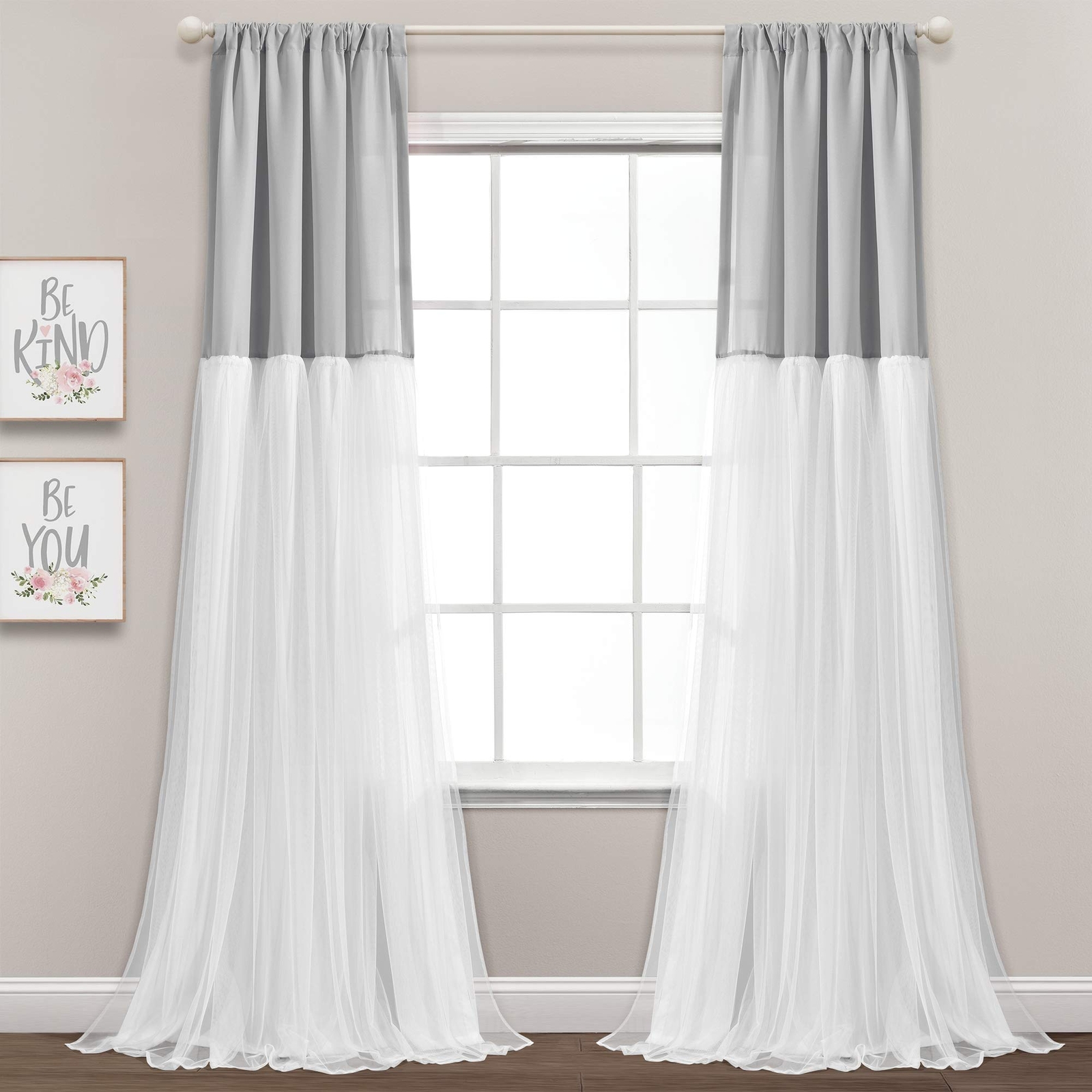 Tulle Skirt Colorblock Window Curtain Panel Pair 84″ L X 40″ W Light Gray & W