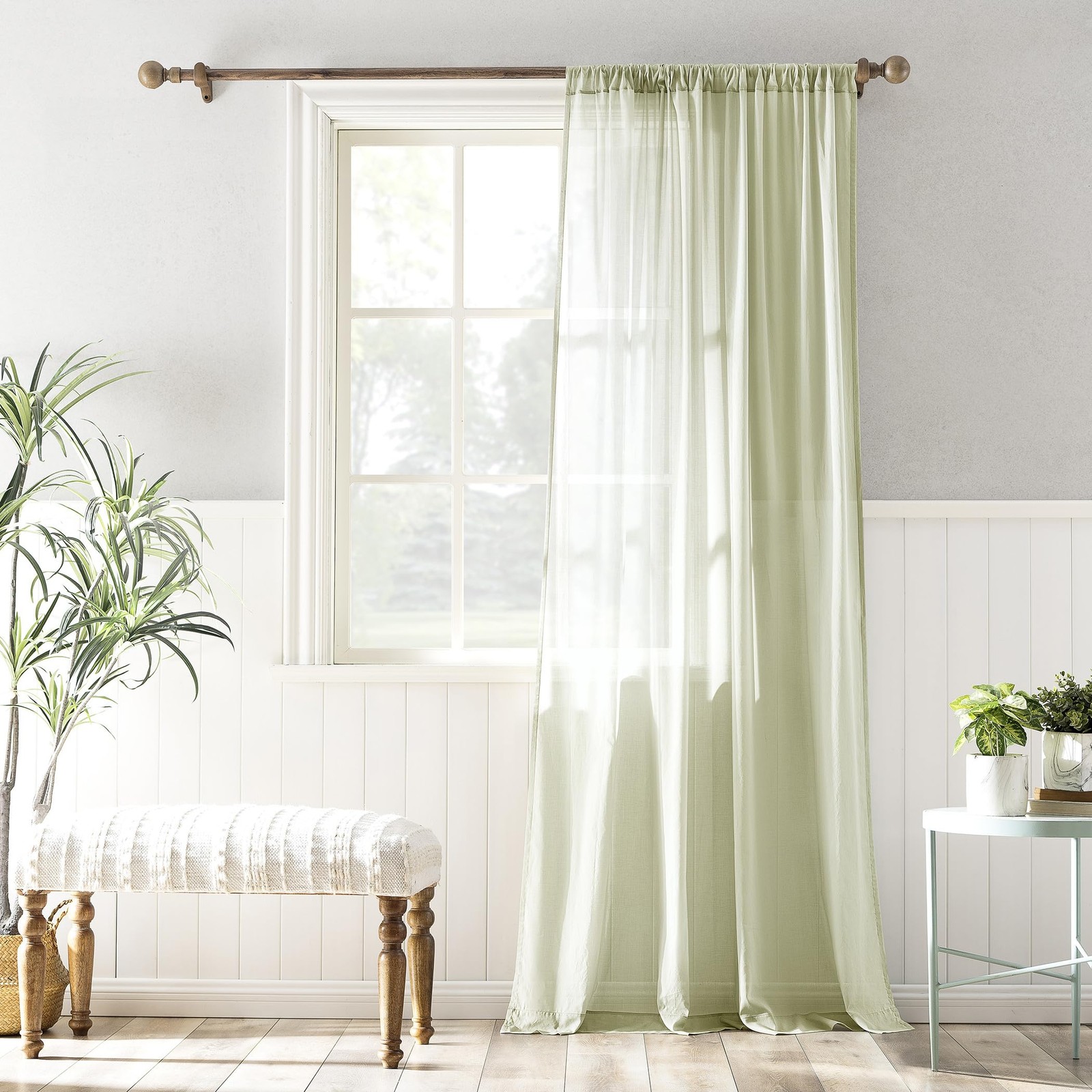 Moss Green Cotton Sheer Curtain 50 x 63 Light Filtering Panel for Home Decor