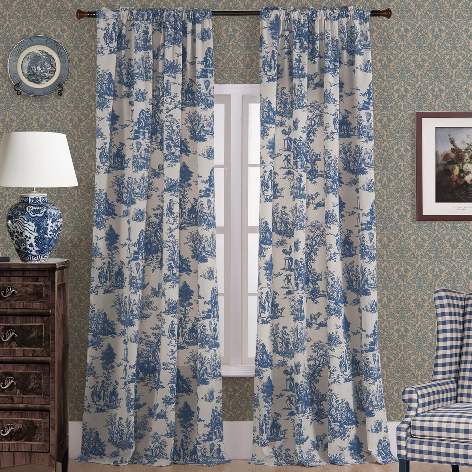 Blue Toile Window Curtains Drapes for Living Room 84 Inch Length 2 Panels Set…