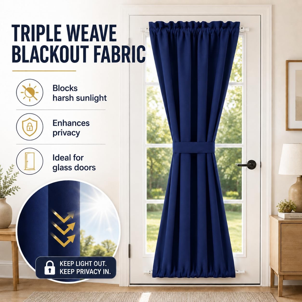 French Door Curtain Panel for Privacy – Blackout Rod Pocket Front Door Side W…