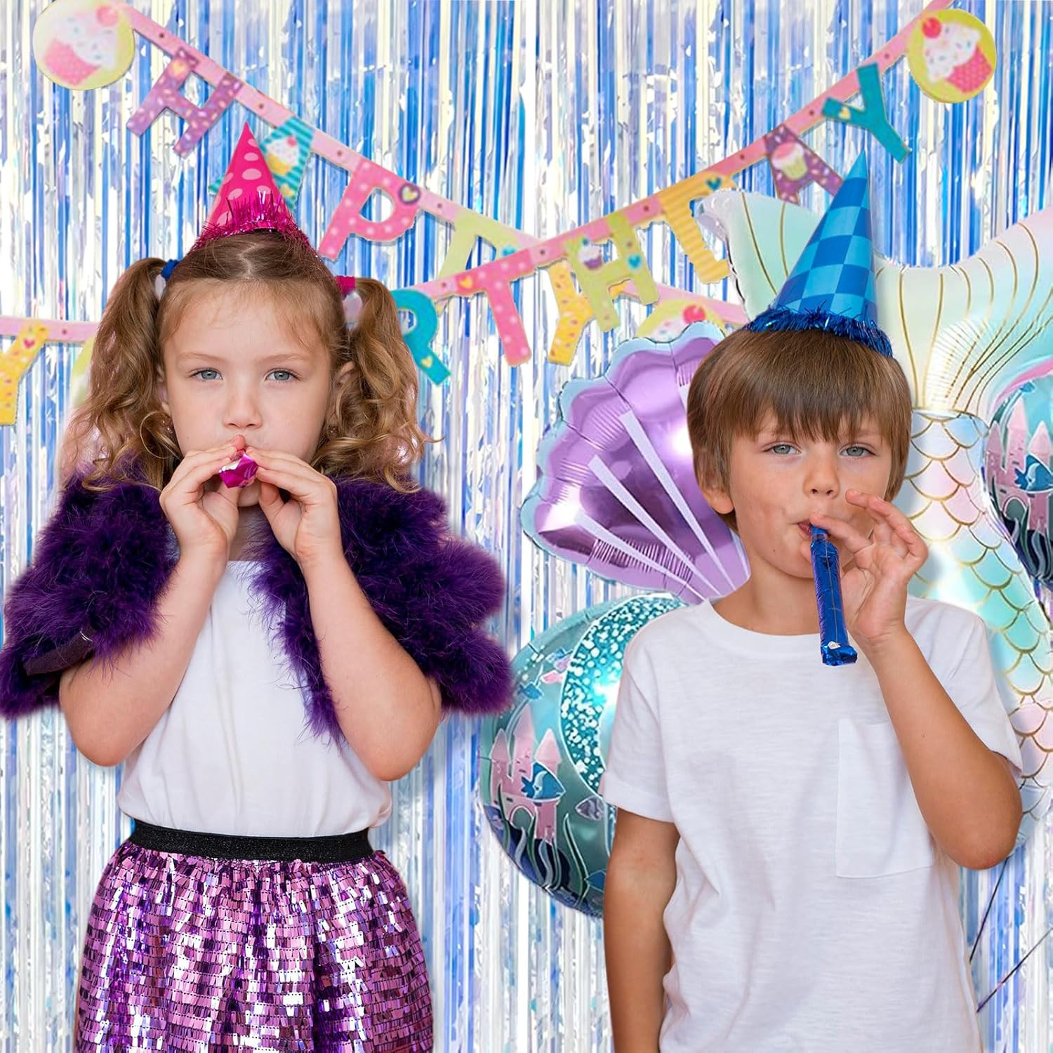 2 Pack Foil Curtain Backdrop Iridescent Metallic Tinsel Foil Fringe Curtains Pho