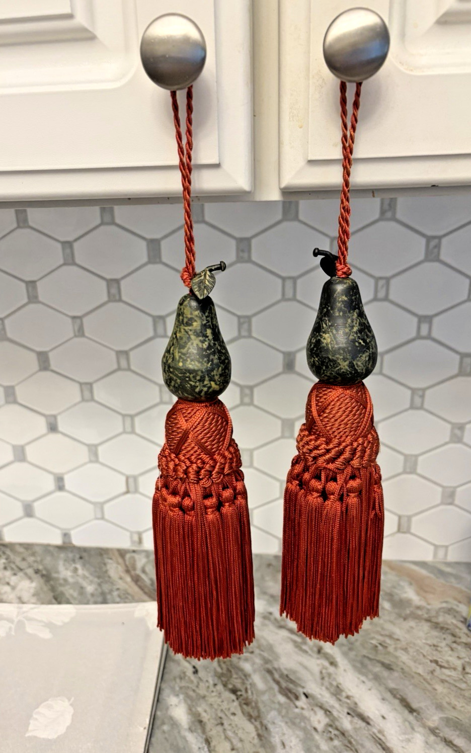 Ceramic Pear Tassel Tiebacks – Red Cord – Decorative Curtain or Cabinet Accents