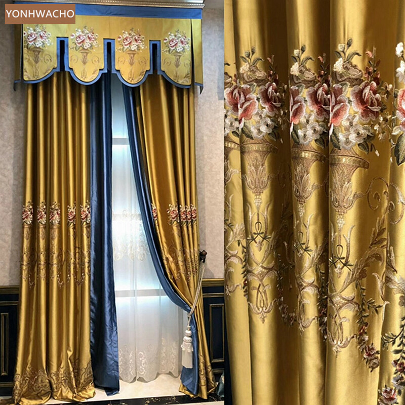 high-precision embroidered blue gold cloth curtain valance tulle drapery C762*
