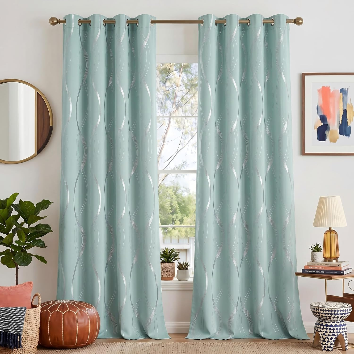 Aqua Blue Floral Blackout Curtain Panels 84 Inches 2 Pieces, 52 Inches Wide Ligh