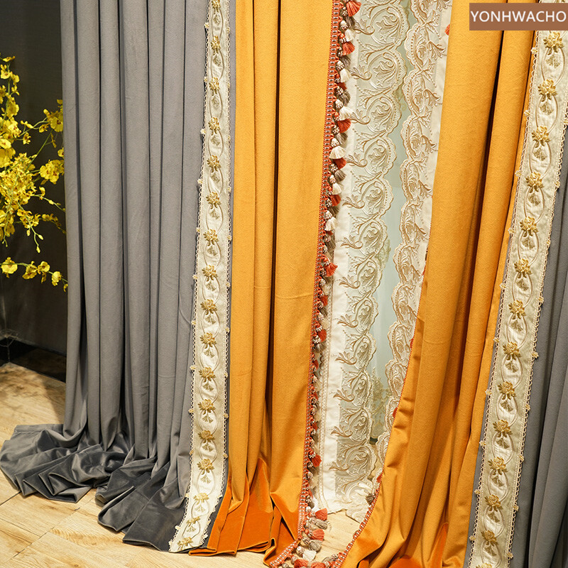 luxury thick velvet dark gray orange embroidery cloth blackout curtain C618