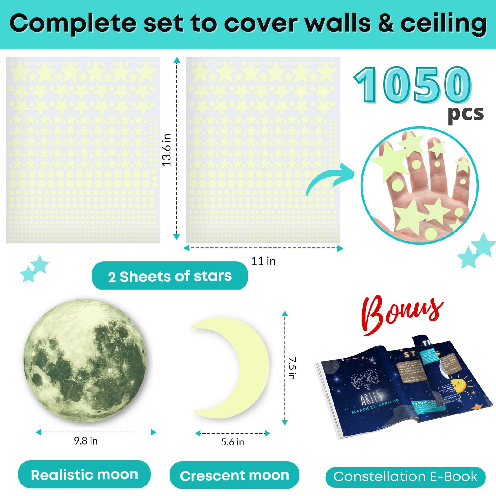 Glow in The Dark Stars for Ceiling – 1050 Pcs with Bonus Blue, Blue