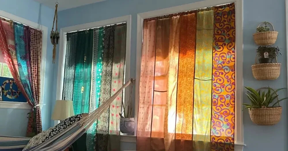 2 Pc Indian Old Recycle Silk Saree Boho Multi Curtain Door Drape Decor Curtain