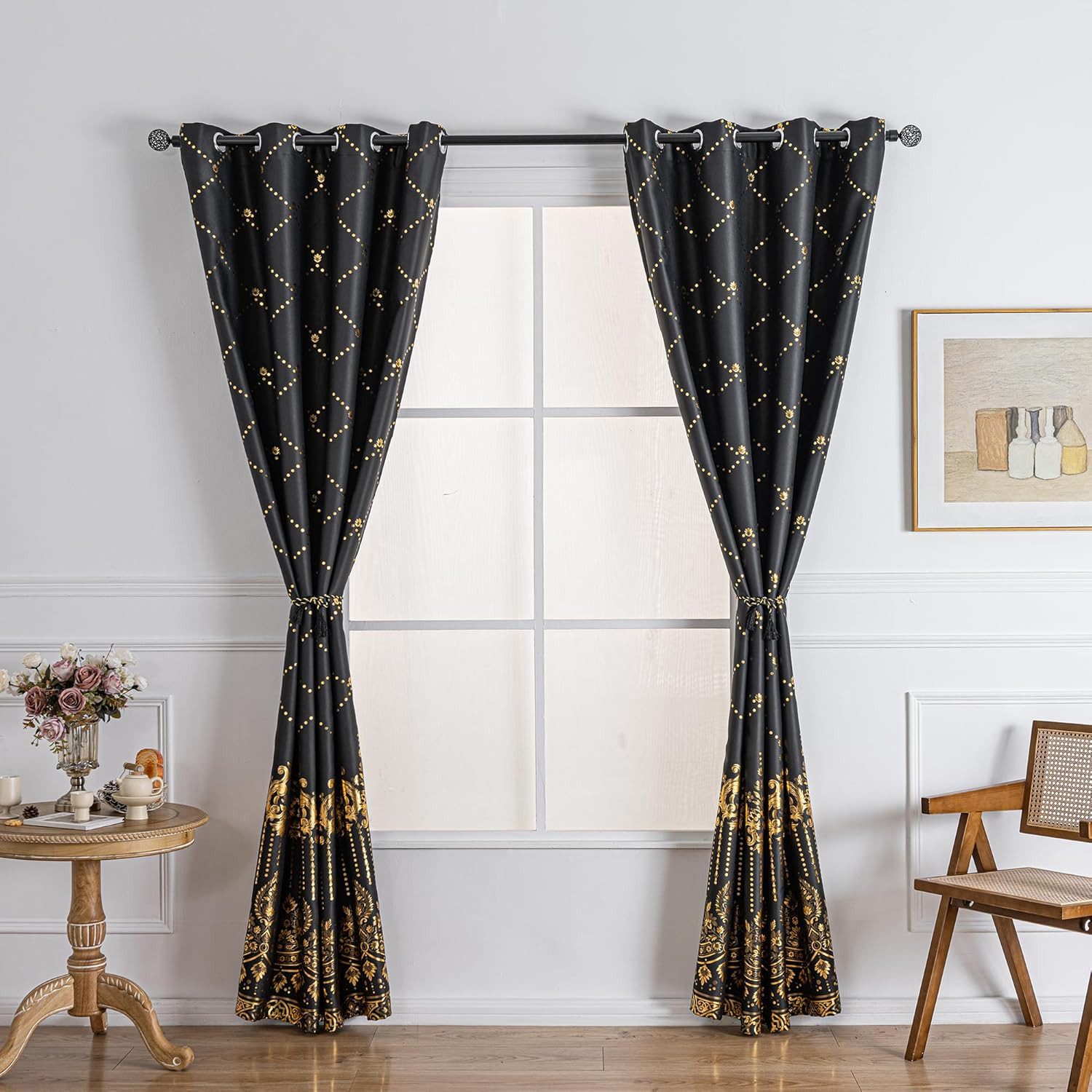 Blackout Window Curtains 52×84″ Black Gold Grommet Drapes – 2PCS Set