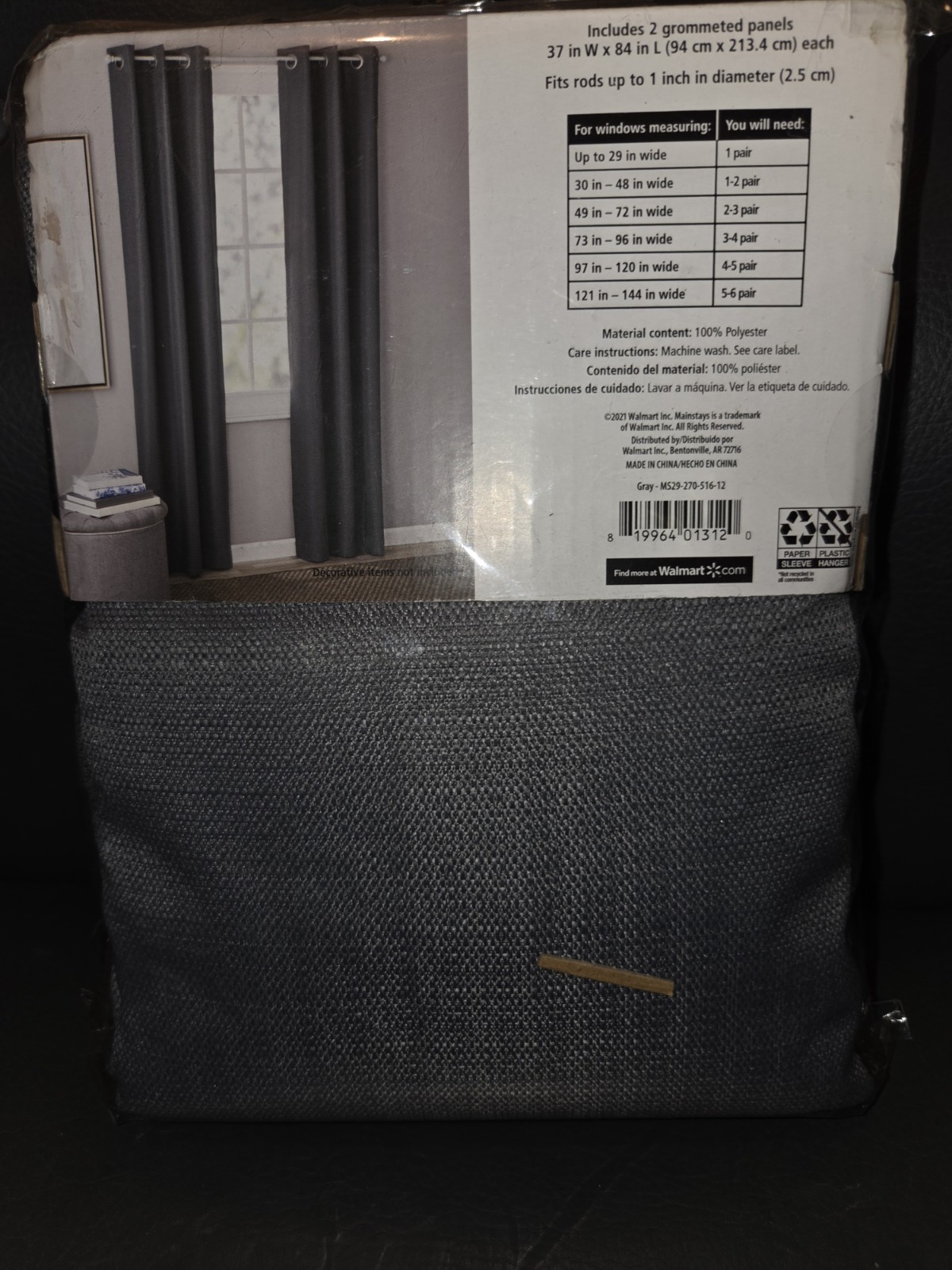 Mainstays 84 in. Blackout 2 Panel set. 37″x84″ Grey, Grommeted Curtins.