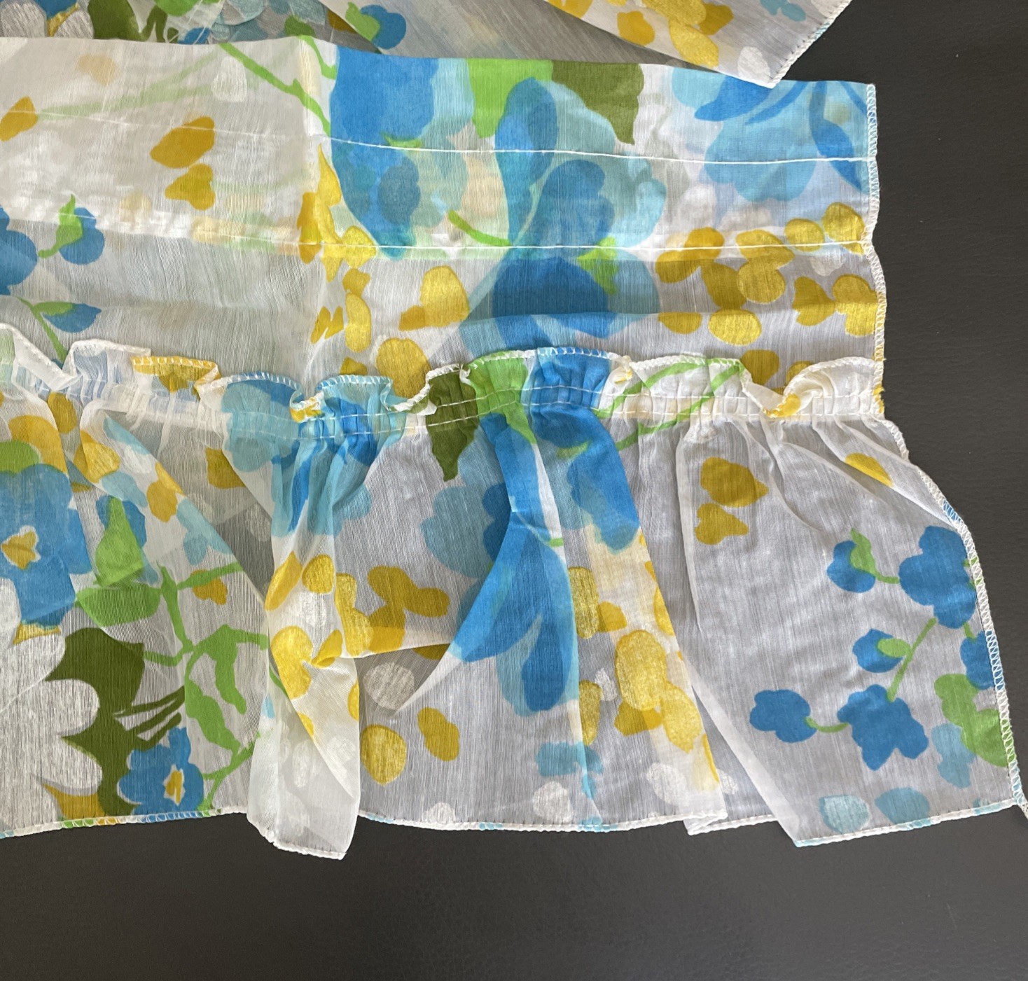 VTG Retro Novelty Tier Curtains Valance Ruffle Blue Yellow Green Flowers 52”x10”