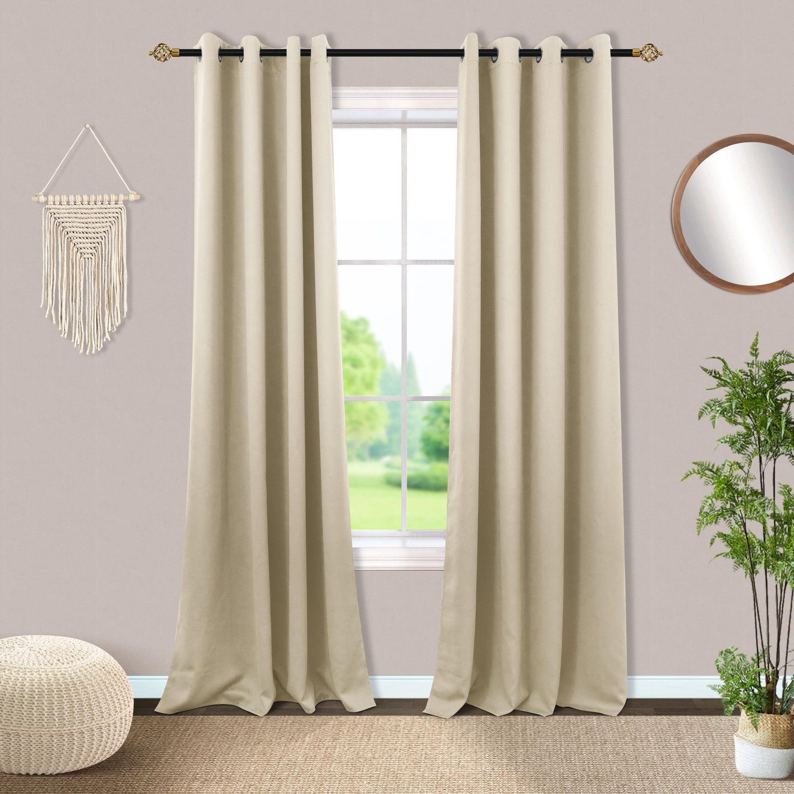 Mrs.Naturall Beige Room Darkening Grommet Curtains 84″ Long for Living Room