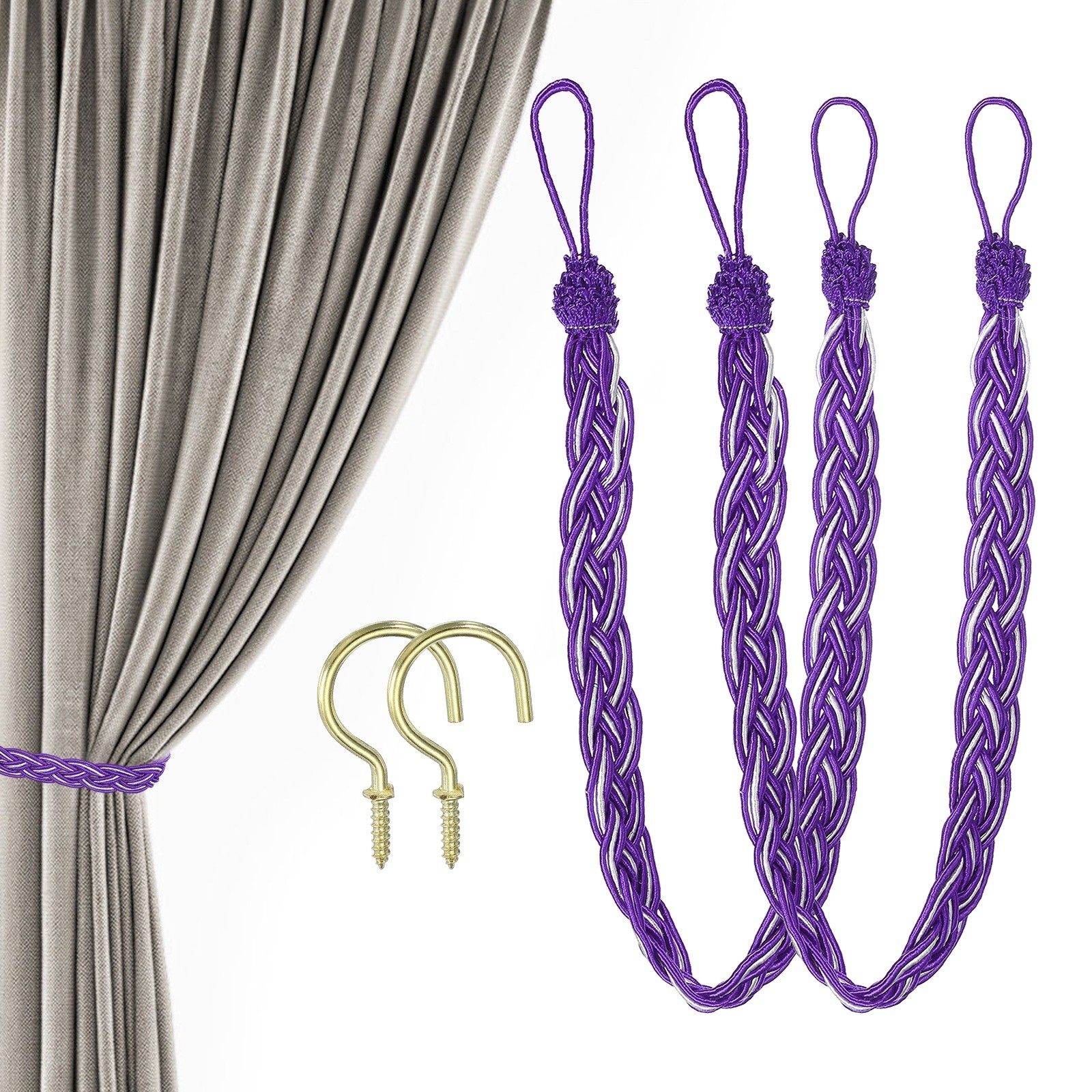 23 Inch Curtain Tiebacks 2 Pack Curtain Tie Backs Braided with Hook Dark Purple