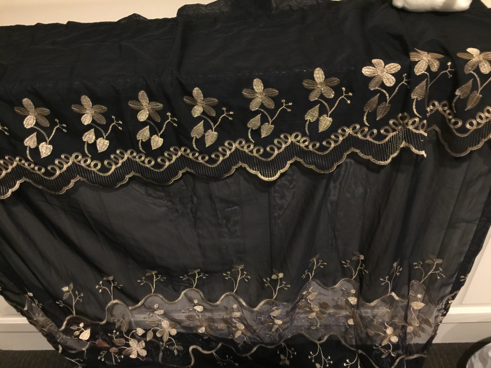 Window Panel Black Embroidered Attached Valance 54 x 62 In Rod Pocket