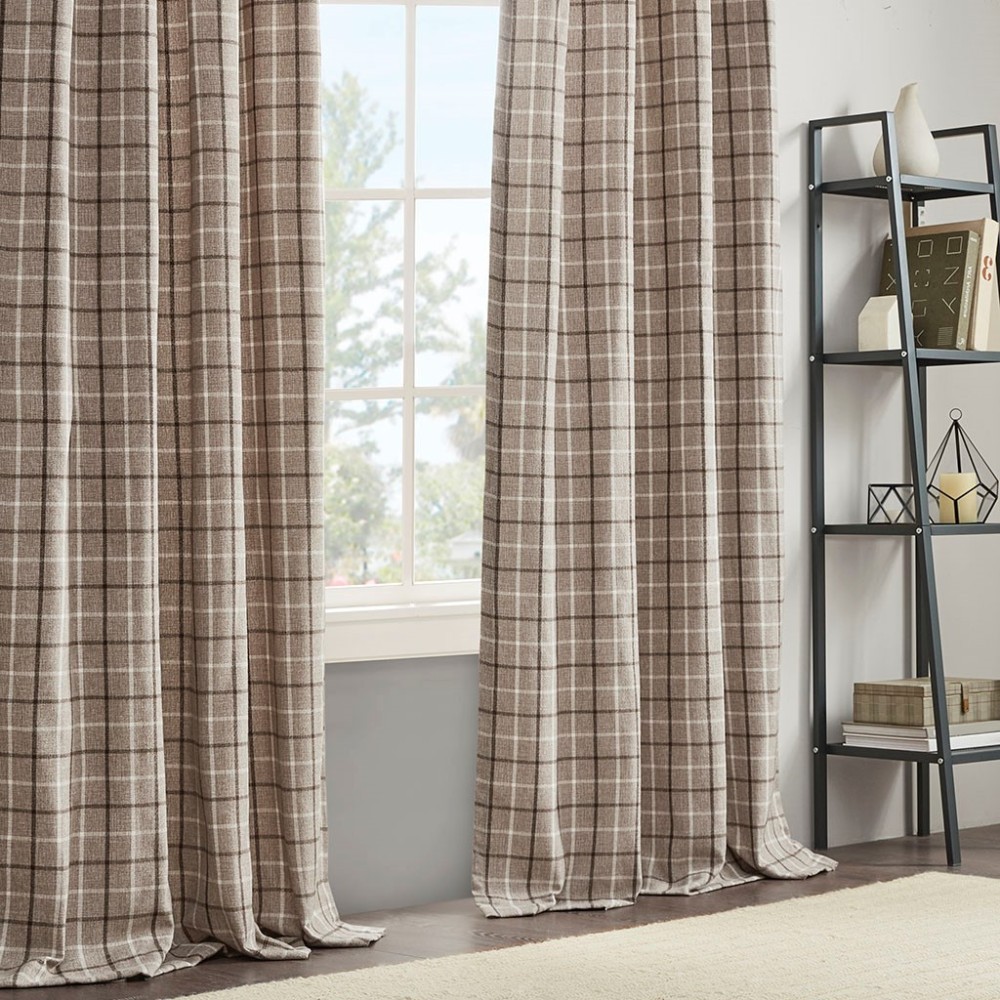 Plaid Rod Pocket and Back Tab Curtain Panel with Fleece Lining Brown 50×95″