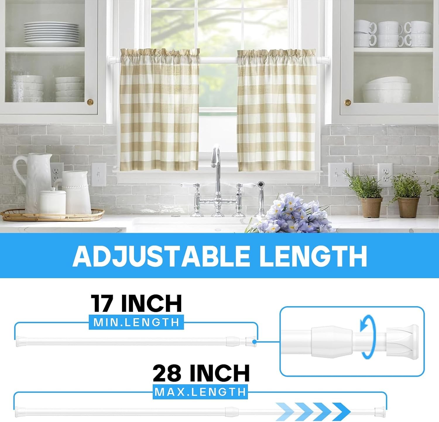 Spring Tension Curtain Rods 17-28 Inch White 2 Pack | No-drill & tool-setup.