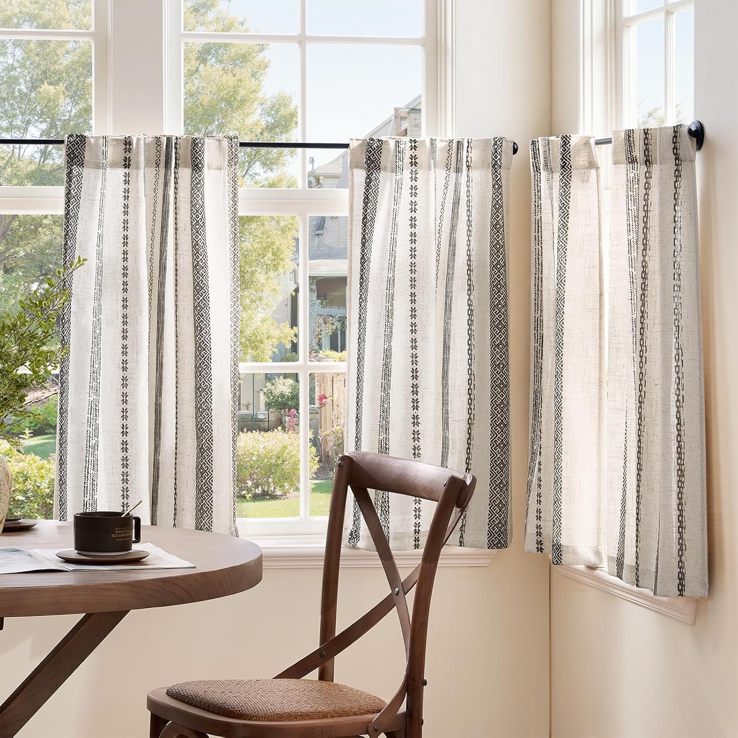 Boho Kitchen Curtains 36 Inch Linen Tier Curtains with Geometric Pattern
