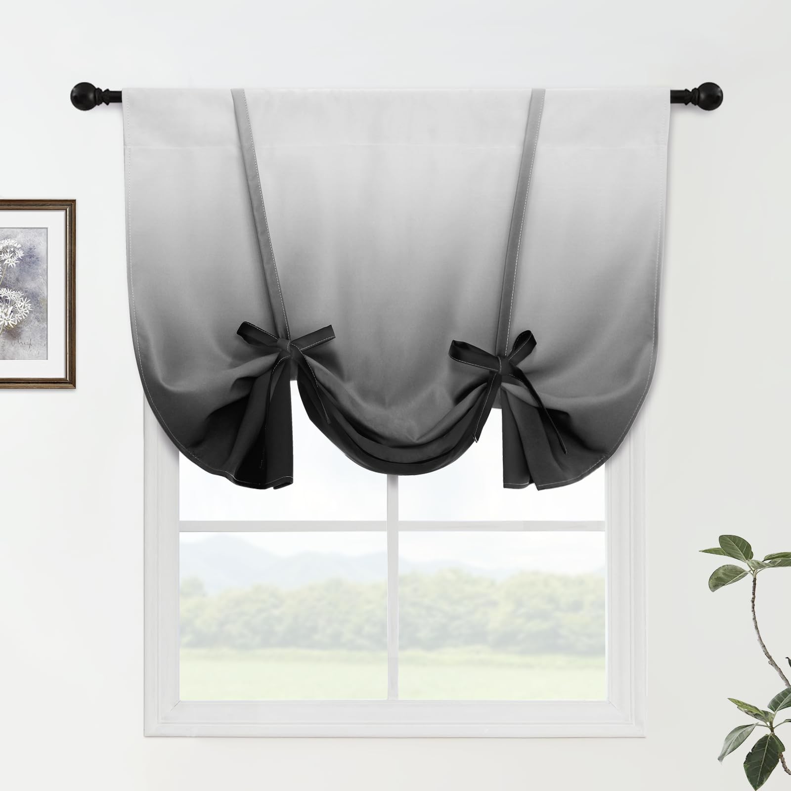 Ombre Room Darkening Valance Curtains for Kitchen Window Tie Up Gradient Blac…
