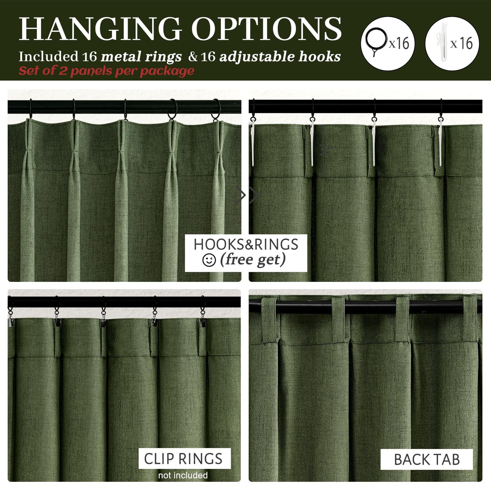 PleatedDrapes Dark Olive Green Pleat Memory Shape Linen Curtains 84 Inch Leng…