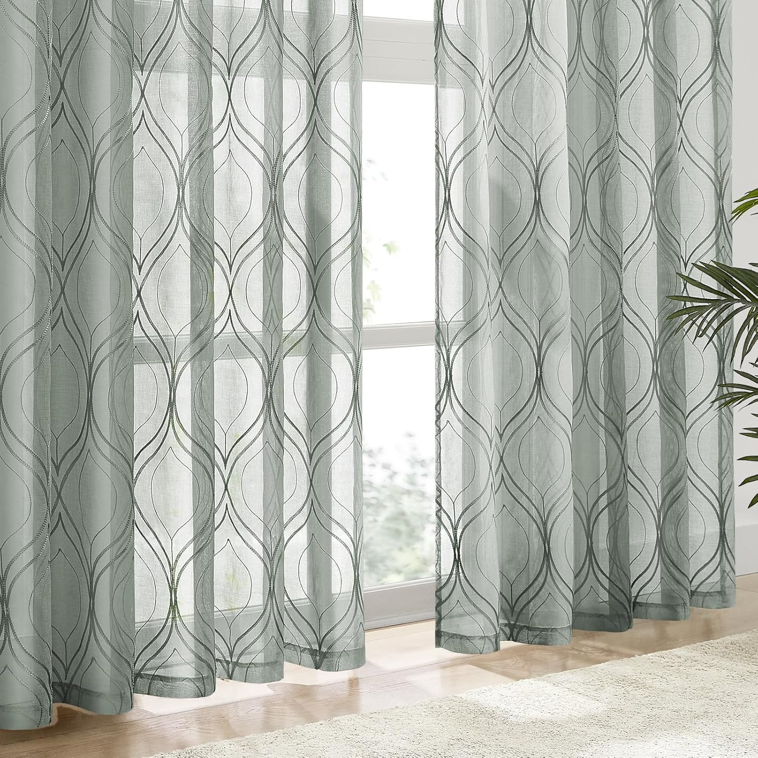 Sage Green Sheer Curtains, 52 X 63 Inch Length Moroccan Embroidered Pattern Rod