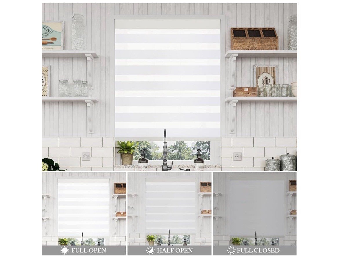 Cordless Window Roller Shades Free-Stop Dual Layer Zebra Blinds-White- 29”W 64”H