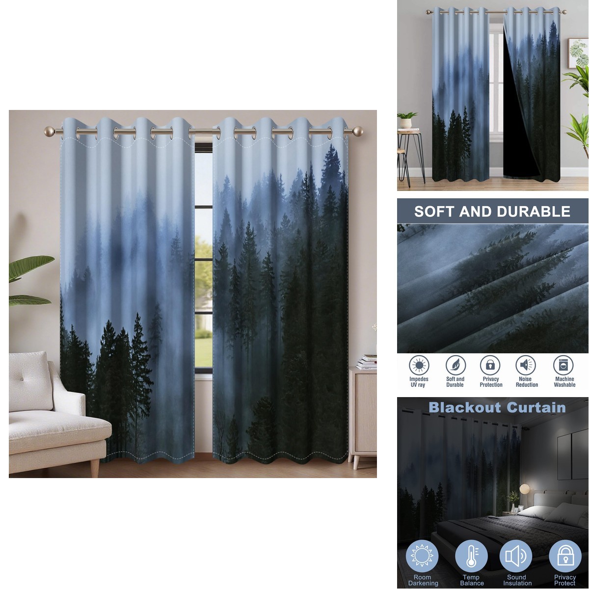 AWERT Blackout Curtains Light Blue Tree 2 Panels 42×84 inch