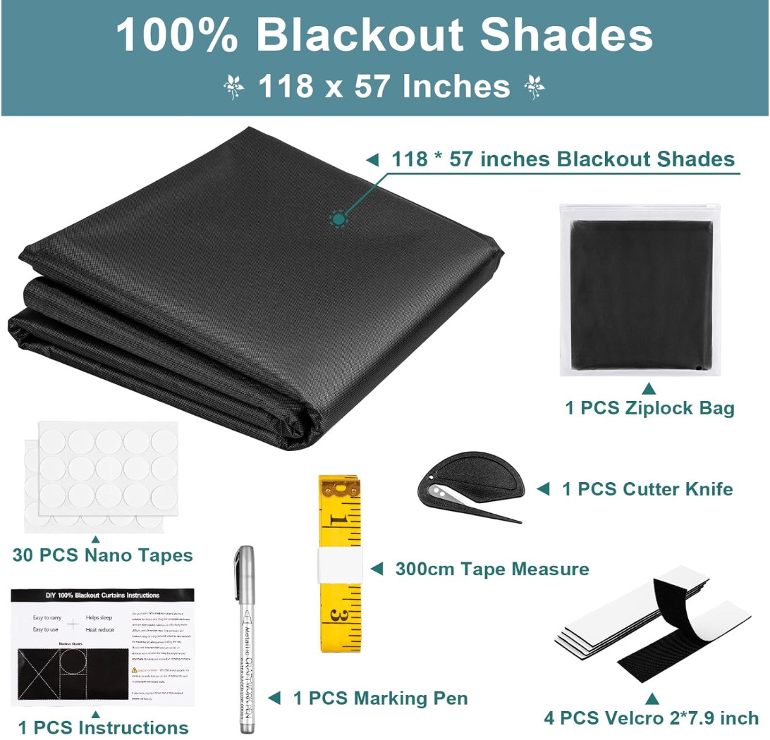 100% Blackout Curtains, 118″ X 57″ Portable Black Out Curtains for Bedroom,