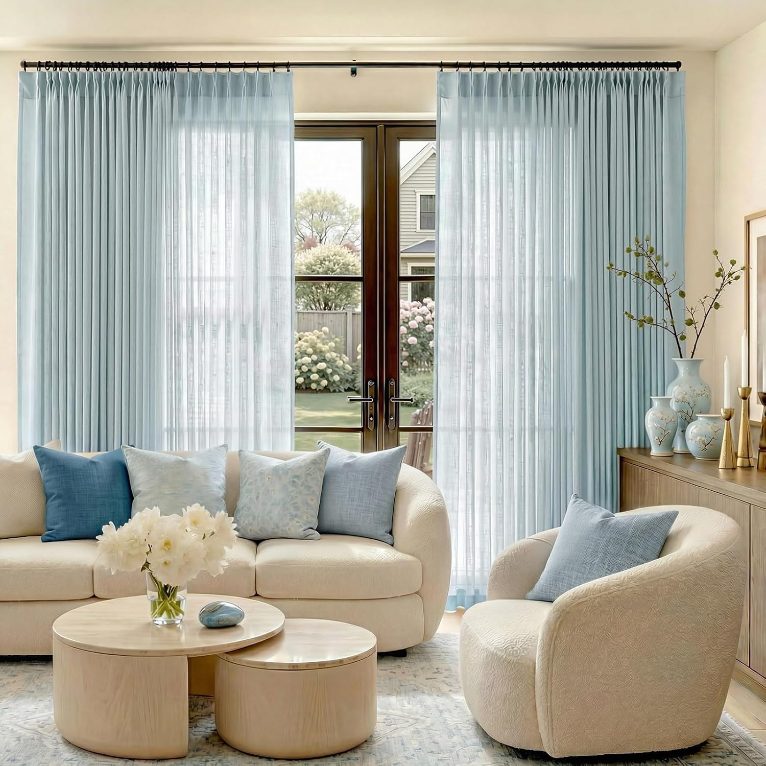 jinchan Blue Pinch Pleated Linen Curtains for Living Room Curtains 84 Inches Lon