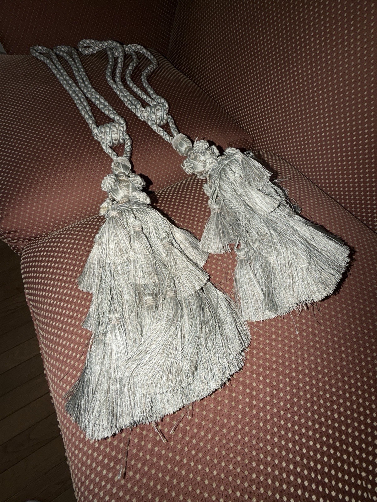 Two Double Tassel Complex Vintage Look Drape Tiebacks. Sage, Cream, Taupe