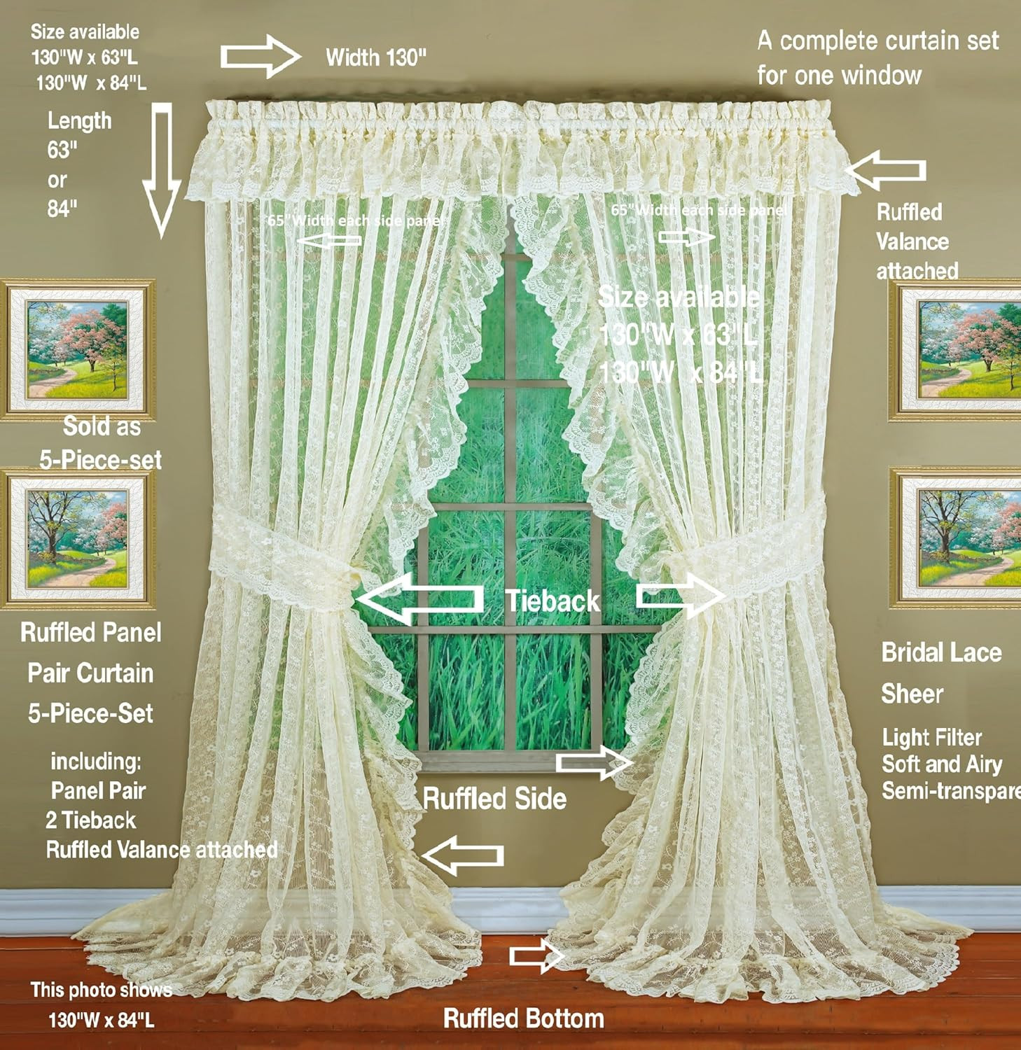 Ivory Priscilla Lace Ruffled 5-Piece Bridal Curtain Set, 84″ Length