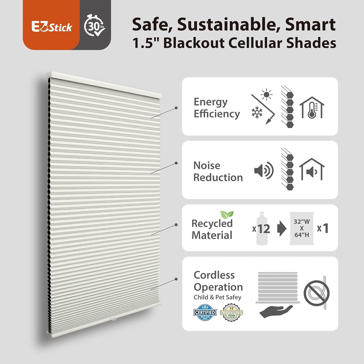 EZ Stick Cordless Blackout Cellular Shade 23″ W x 64″ H – Ivory