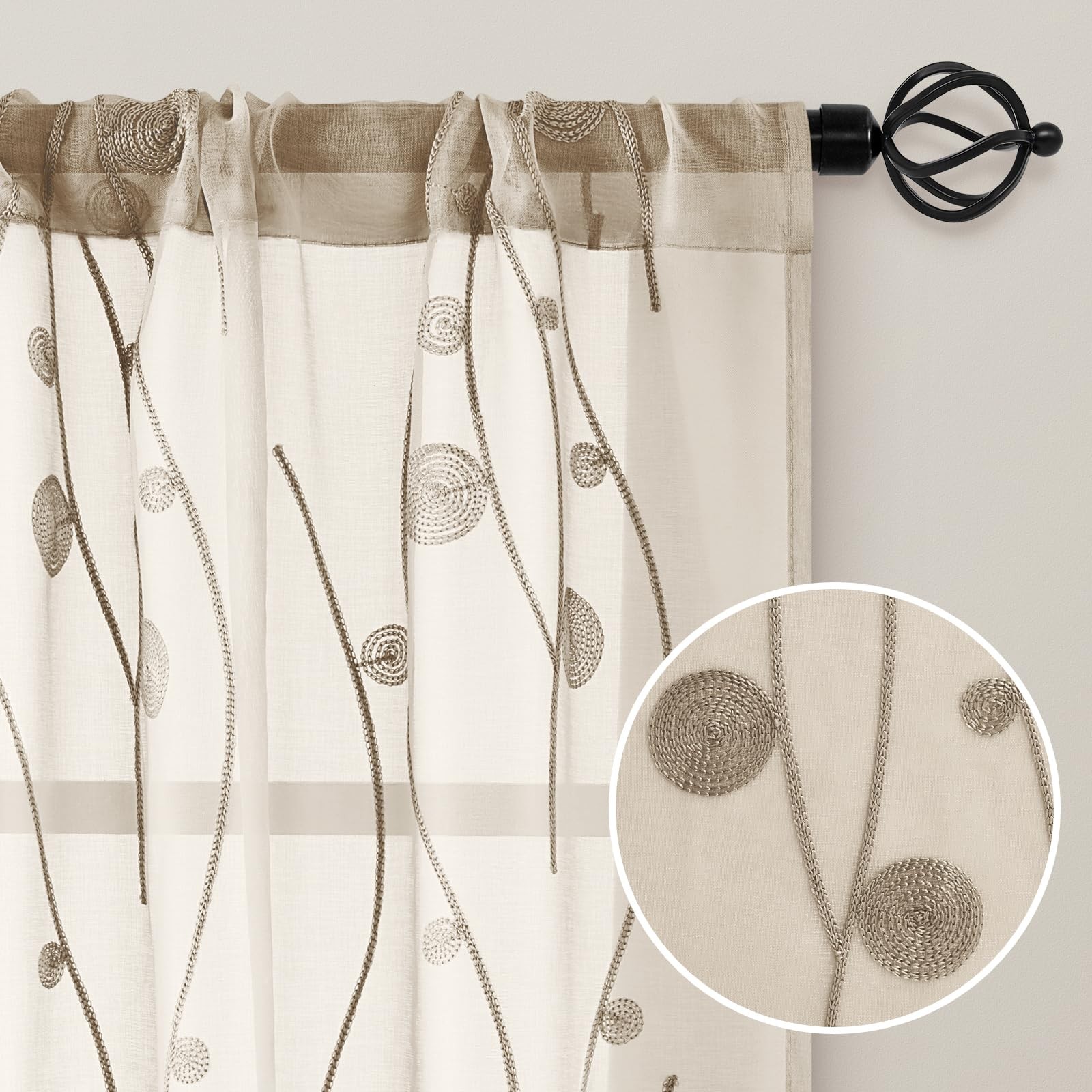 Taupe Sheer Curtains 52 X 96 Inches Length 2 Panels Beige Embroidered Wave Li…