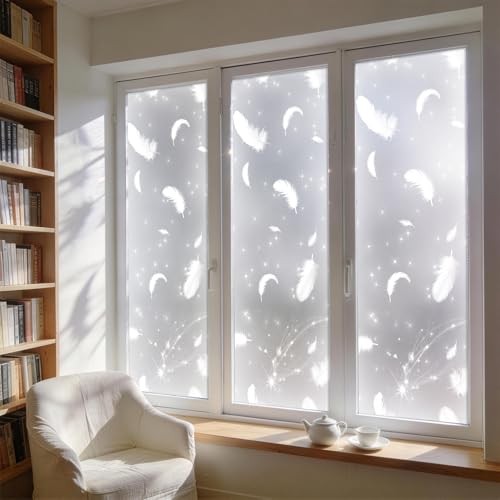 Frosted Glitter Feather Window Privacy Film, 78.5″ L x 17.5″ W, Decorative Non