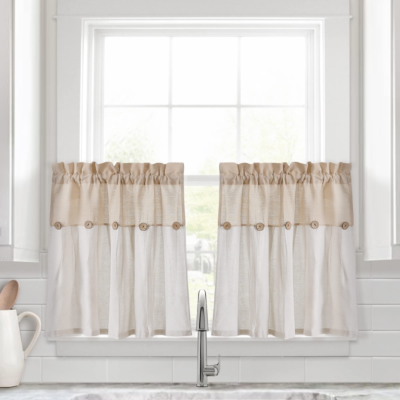 Linen Button Farmhouse Kitchen Tier Curtain Set Pair 29″ W X 24″ L L
