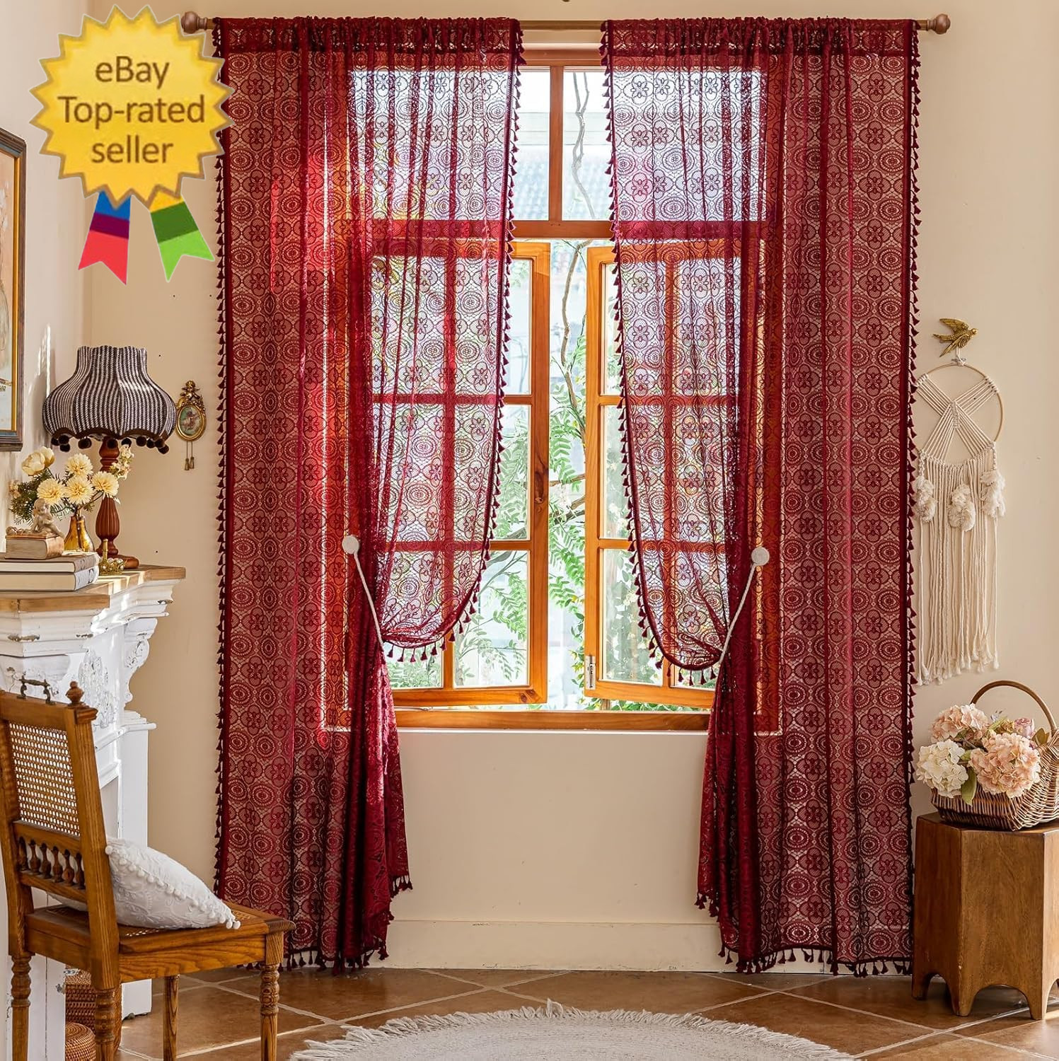 Boho Lace Curtains 90 Inches Long 2 Panels -Vintage Floral Crochet Sheer Panels