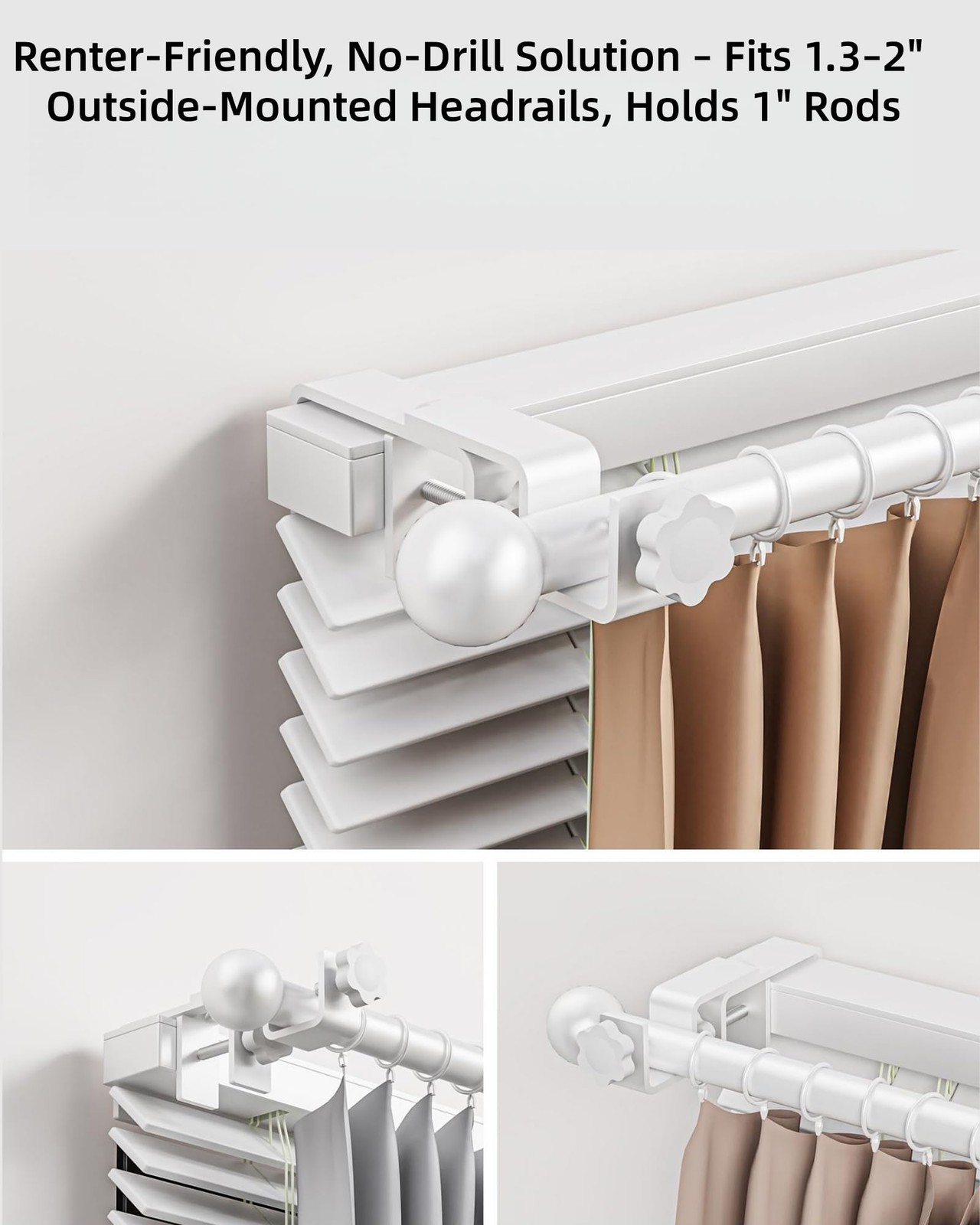 2 PCS White Over Blinds Curtain Rod Bracket 1.32 Inch Rectangular Headrail