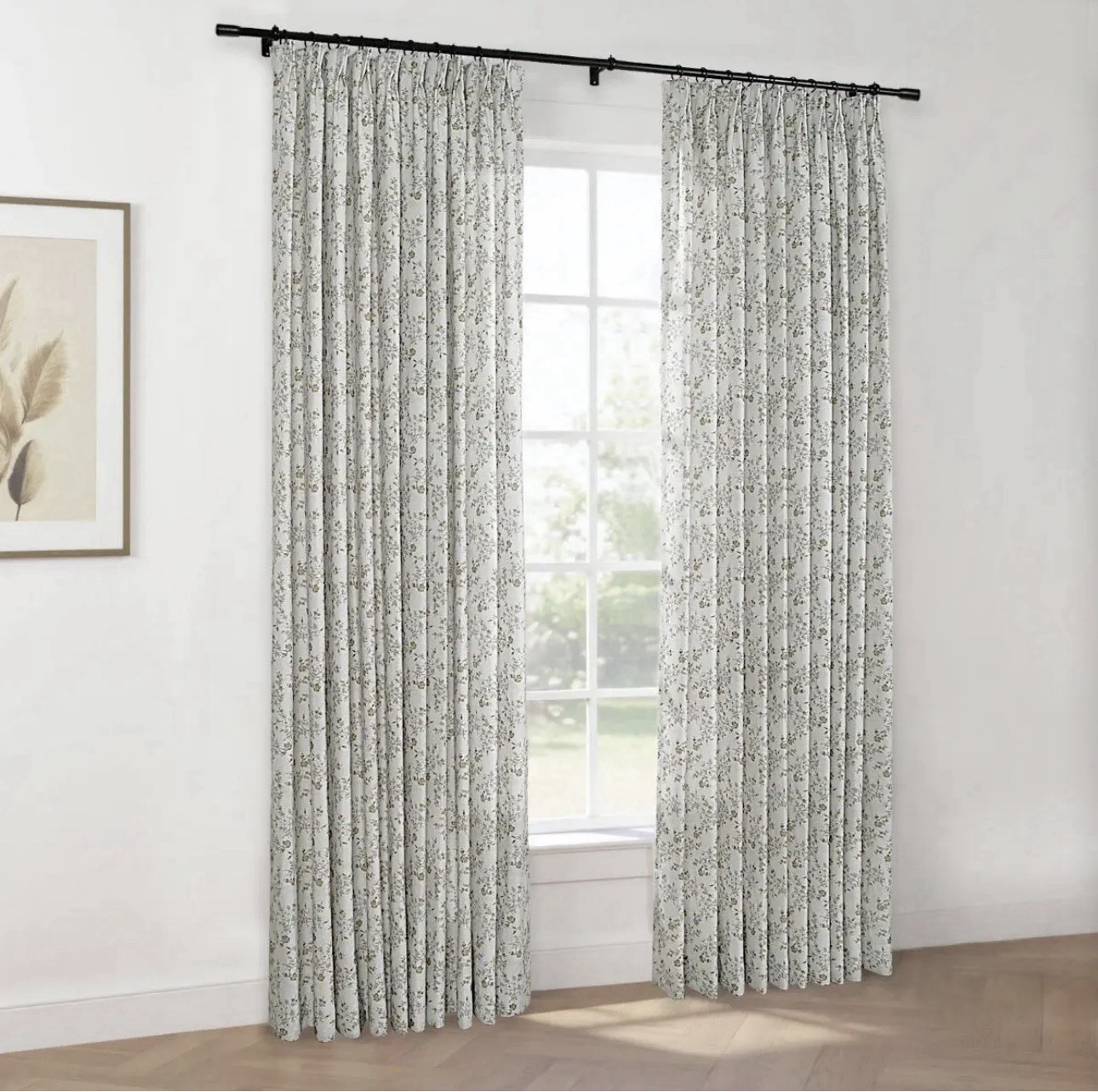 TWOPAGES 26Wx84L Sara Le Floral Print White Linen PINCH PLEAT CURTAINS 4 Panels