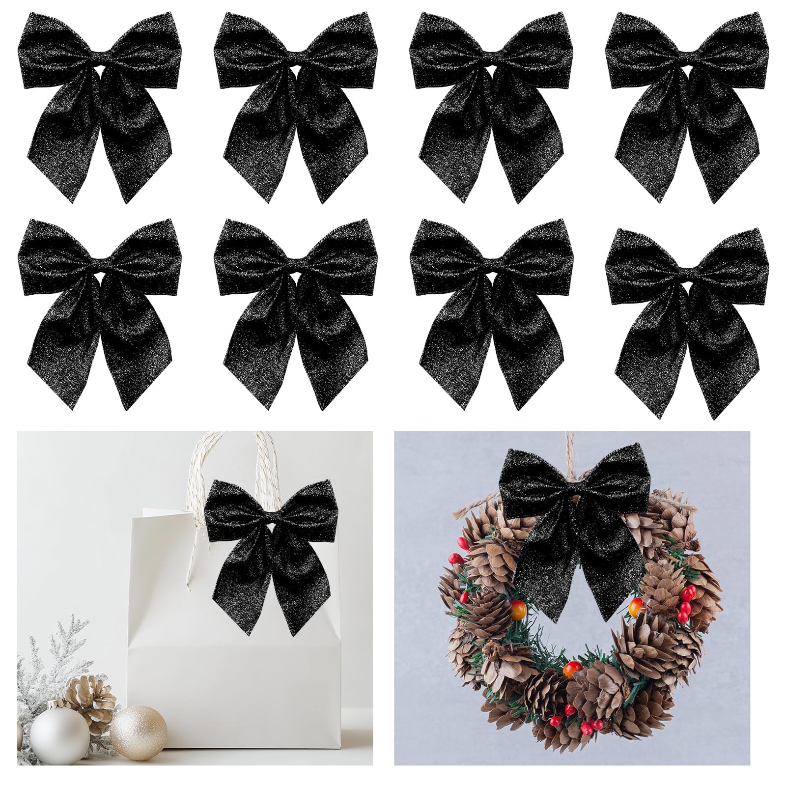 8 PCS Mini Christmas Wreath Bows Front Door Glitter Black Bowknot Decoration