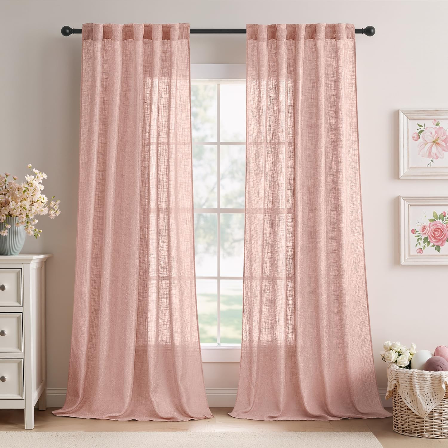 MIULEE Blush Pink Linen Curtains 84 Inch Length 2 Panels for Bedroom, Soft Thick