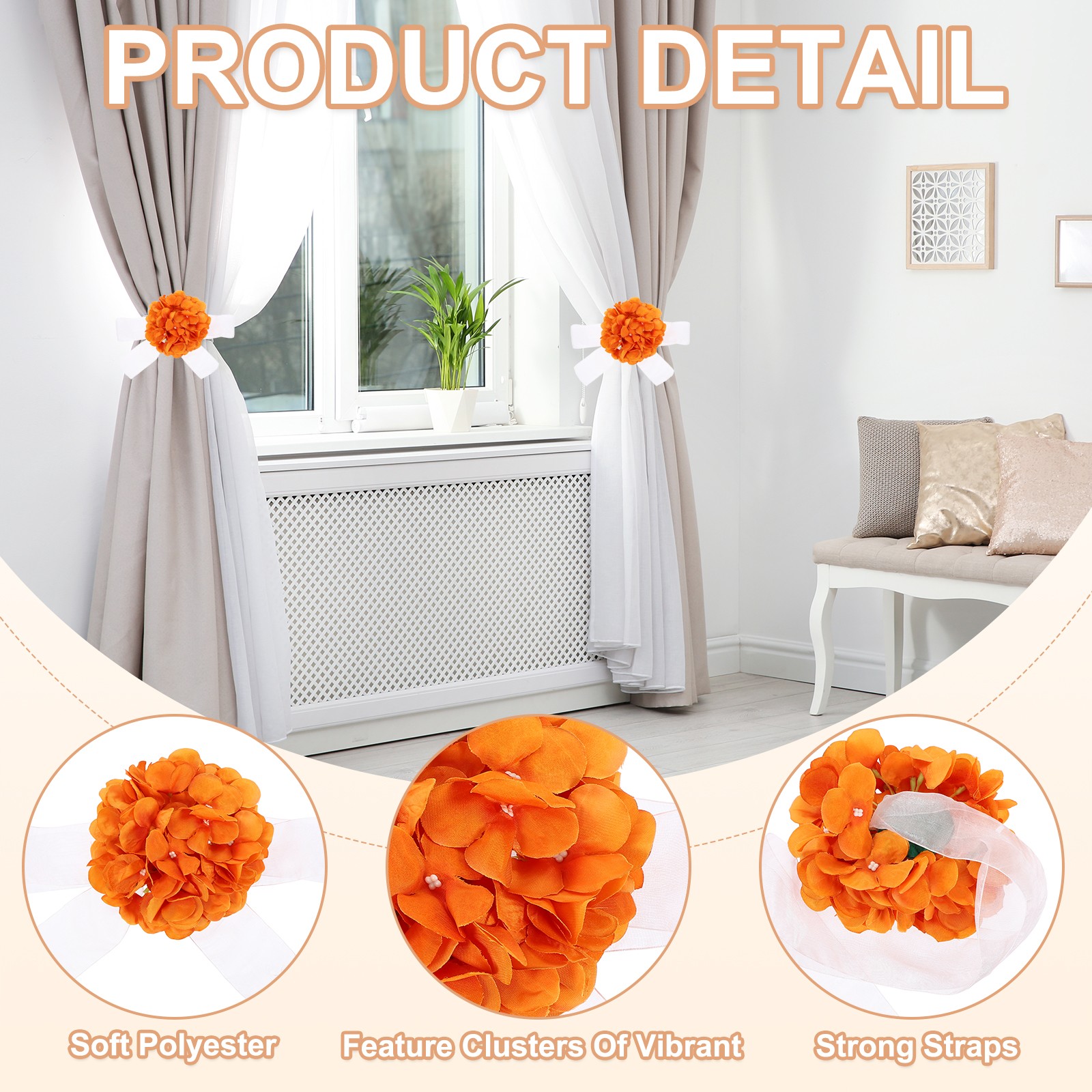 2 Pcs Flower Curtain Tiebacks Artificial Floral Drapery Holdbacks Orange